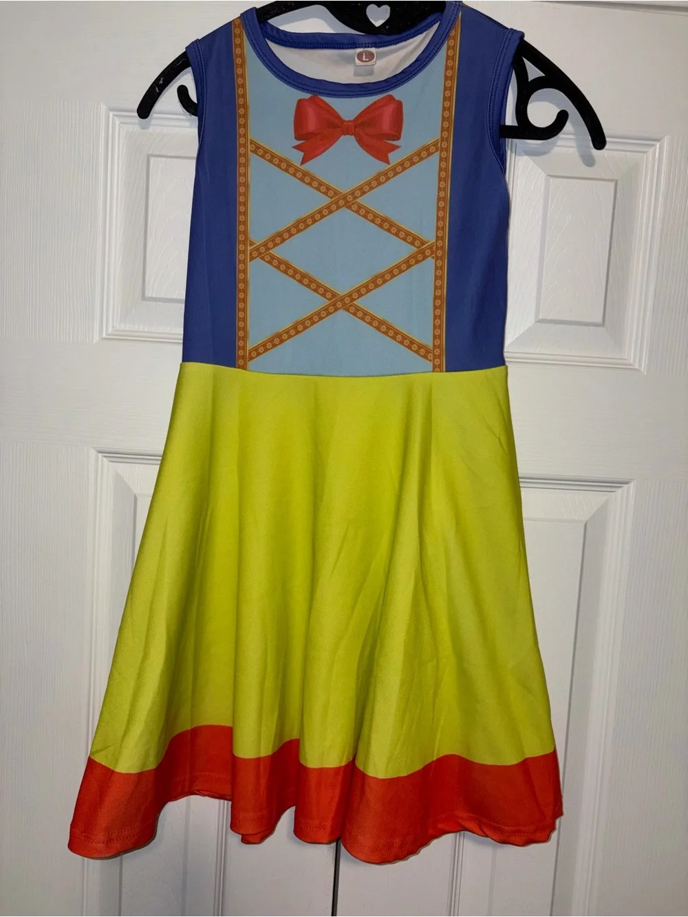 Girls' Blue and Yellow Princess Costume Dress with Red Bow approx size 7-8